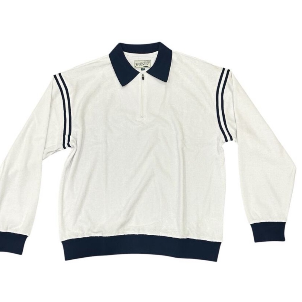 Bogey Boys by Macklemore Mens Sweater White Navy Quarter Zip Terry Cloth NWOT